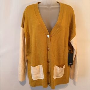 Jones New York Mustard and Cream Button-Front V-Neck Cardigan